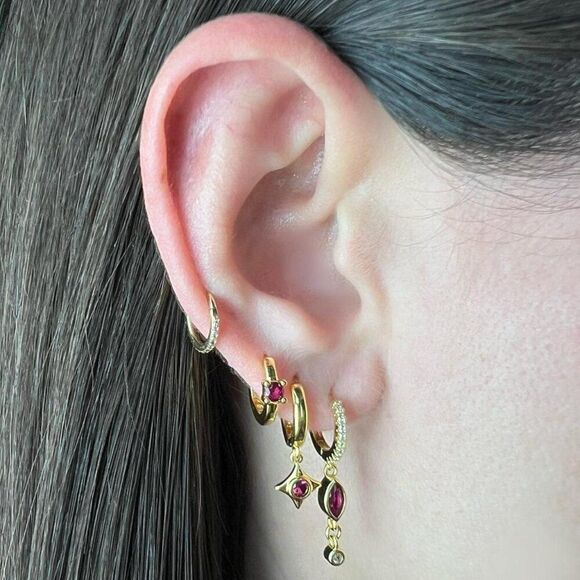 New! “Elaine” Dainty Magenta Drop Hoop Earrings - Picture 2 of 3